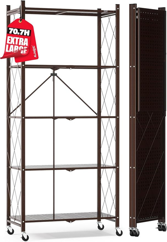 ALANNG 70.7" H Metal Storage Shelves, 5 Tier Folding Shelf on Wheels, Heavy Duty, No Assembly, Rolling, Collapsible Rack Unit for Kitchen, Basement, Pantry (Vintage Brown,1 Pack)