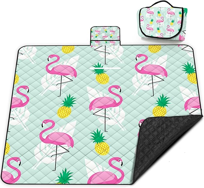 Extra Large Picnic Blanket Waterproof,80"x 80"Foldable Machine Washable Beach Blankets,Outdoor Blanket for 6-8 Adults,Picnic Mat Suitable for Indoor Crawling,Park Beach,Camping,Hiking,Travel（Flamingo）