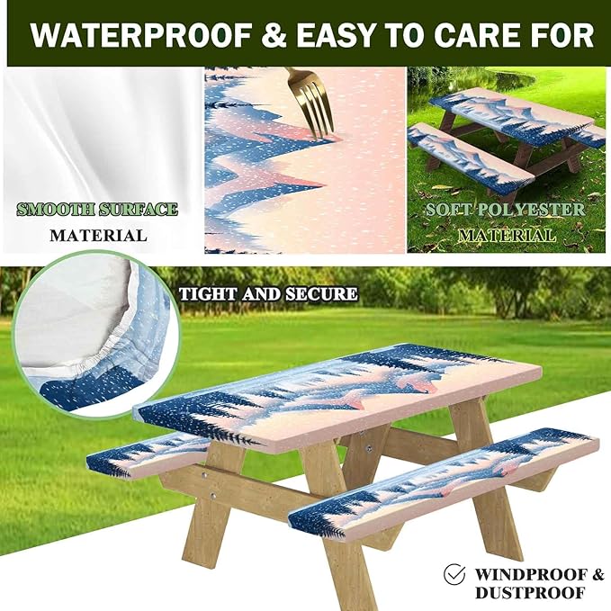 CAPSCEOLL Fitted Picnic Table Cover with Bench Covers with Elastic 8Ft Waterproof Picnic Table Cloths Windproof Outdoor Camping Tablecloth with Drawstring Bag, 96X30in, Snow Mountain