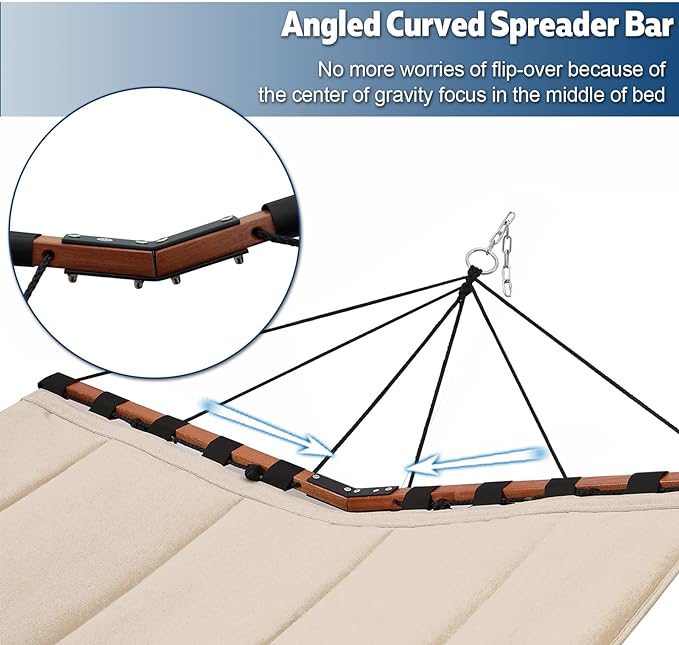 TegerDeger 12FT 2 Person Hammock Large Hammock 450LB Capacity with V Shaped Hardwood Spreader Bar & Nylon Rope for Outside, Patio, Garden, Backyard, Beach, Poolside - Brown