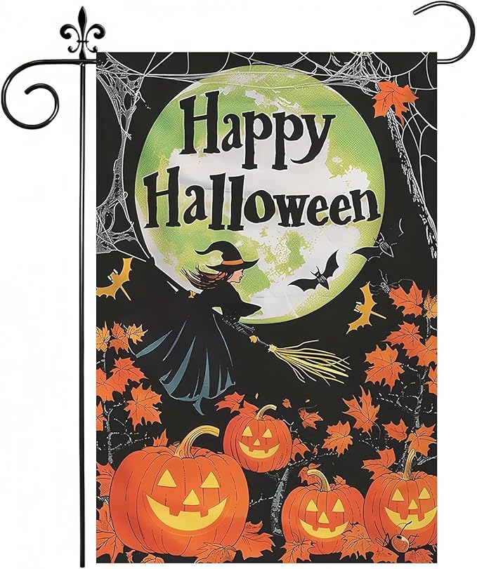Halloween Garden Flag for Outside 12x18 Inch Double Sided, Pumpkin Witch Small Yard Flags for Outside, Happy Halloween Outdoor Flag Front Porch Decorations for Home