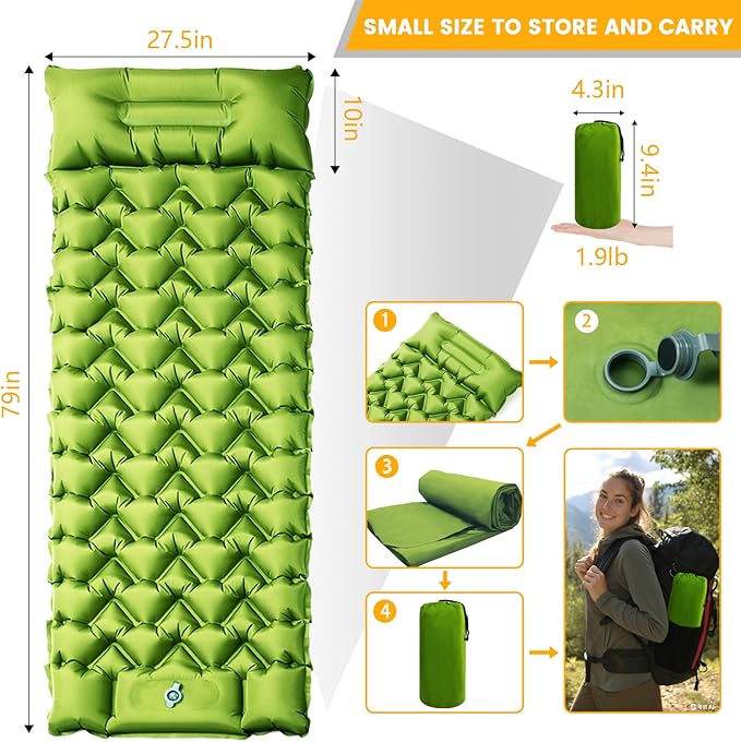 Camping Sleeping Pad, Ultralight Camping Mat with Pillow Built-in Foot Pump, Inflatable Sleeping Pads Compact for Travel, Camping Backpacking Hiking Tent Car Camp Gear