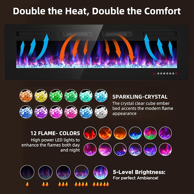 BREEZEHEAT 50 Inch Ultra Thin Electric Fireplace-Freestanding or Recessed Wall Mounted Fireplace Heater, Remote Control, Touch Screen, 750W/1500W, 8H Timer for Living Room, Bedroom, Office