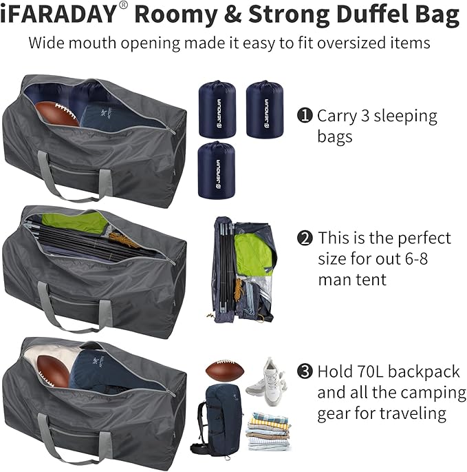 Foldable Duffle Bag for Travel - 75L Large Spare Travel Duffel Bag Lightweight with Trolley Sleeve - Grey