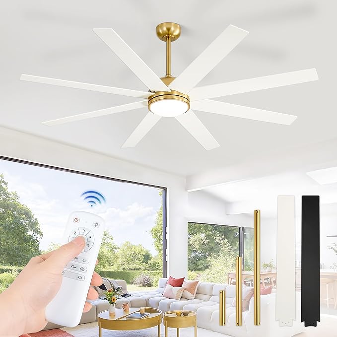 65 Inch Ceiling Fans with Lights and Remote, Gold Indoor/Outdoor Ceiling Fan with Quiet Reversible DC Motor, 6 Speeds, 3CCT, 8 Blades Large Ceiling Fan for Living Room Bedroom Patio