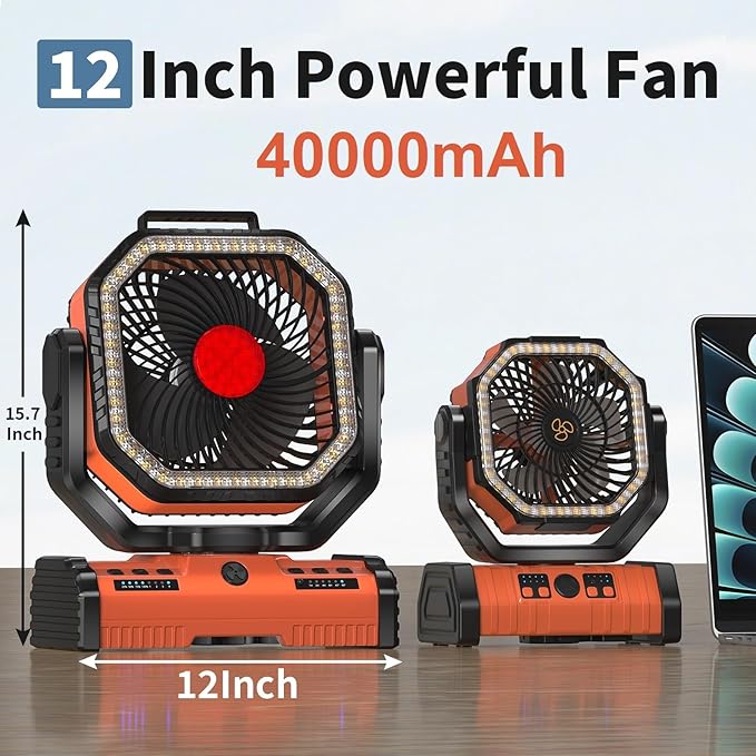 12 Inch Portable Camping Fan, 40000mAh Rechargeable Battery Powered Fan with 4 Speeds Wind and LED Light 140H, Cool & Warm Light and SOS Mode, Auto Oscillating, 360° Rotating Hang Hook(Orange)