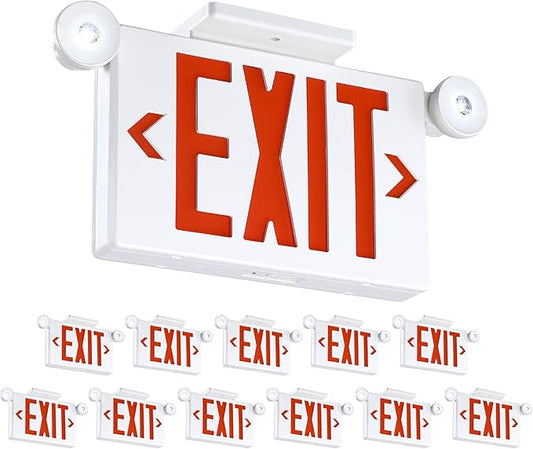 Gruenlich Exit Signs with Emergency Lights, 2 Adjustable LED Head with Battery Backup, 94V-0 Fire Resistant, AC 120/277V, Hardwired Commercial Emergency Light Combo for Business, 12 Pack