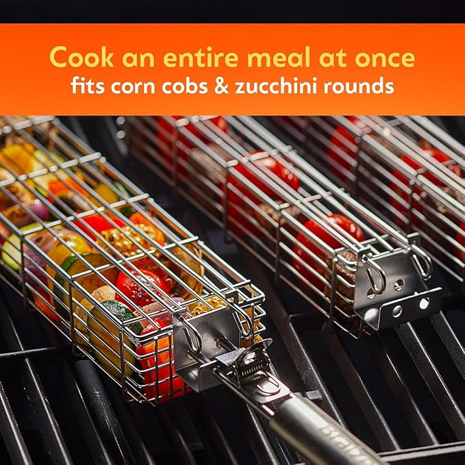 Kabob Grilling Baskets – Set of 3 Stainless Steel BBQ Baskets (12" x 2" x 2") with Removable Handle and Latching Lid – Great for Grilling Vegetables or Meat Over Campfires and Outdoor Grills