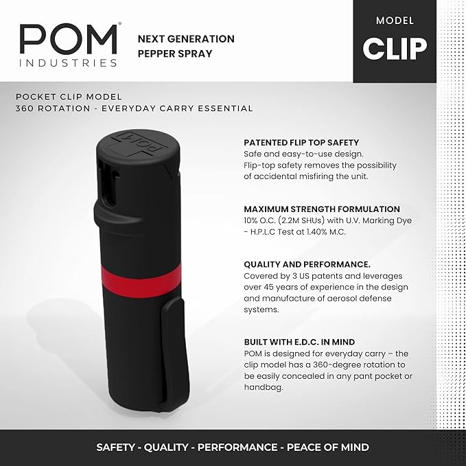 POM Pepper Spray Pocket Clip, Quick Flip Top Safety, Maximum Strength OC Formula with UV Marking Dye, Safe Compact and Tactical Design for Everyday Carry, 25 Bursts, 10 ft Range, 0.5 fl oz