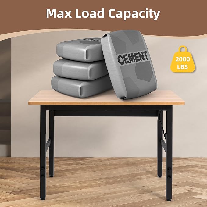 48" Adjustable Workbench with Power Outlets, Work Table for Garage, 2000 LBS Capacity Hardwood Work Bench, Heavy Duty Table for Workshop, Office, Garage, Home