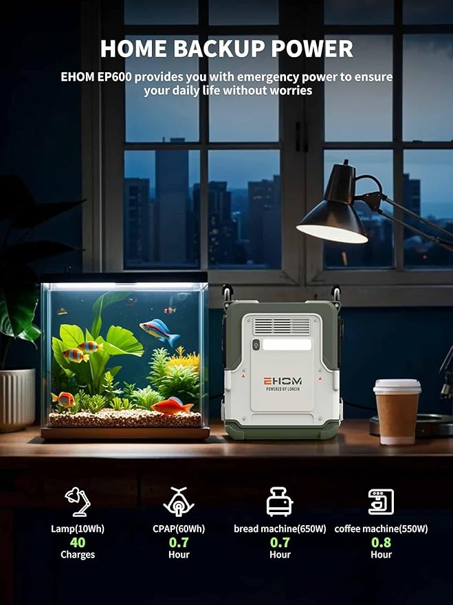 EHOM Portable Power Station, EP600-2 512Wh LiFePO4 EVE Battery Solar Generator Home Backup 120V AC/5521/USB/Car/Wireless, 600W (Peak 1200W) Power Supply as Emergency Generator for Home Outdoor Camping