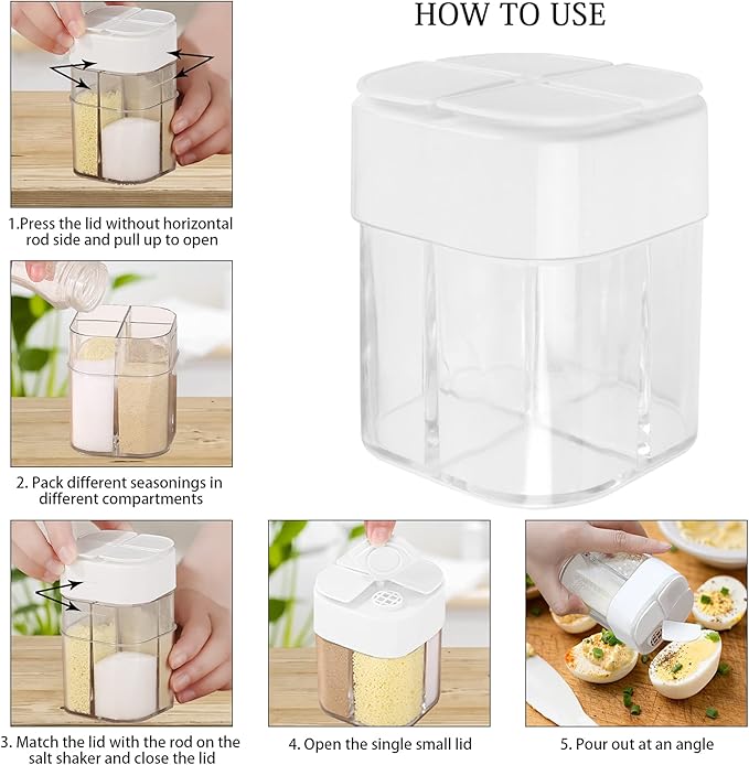 4 Pack 4 in 1 Plastic Salt and Pepper Shaker, 4 Grids Flip Empty Spice Dispensers Travel Spice Container Compartment Seasoning Shakers with Lid Travel Spice Jars with Labels for Cooking BBQ