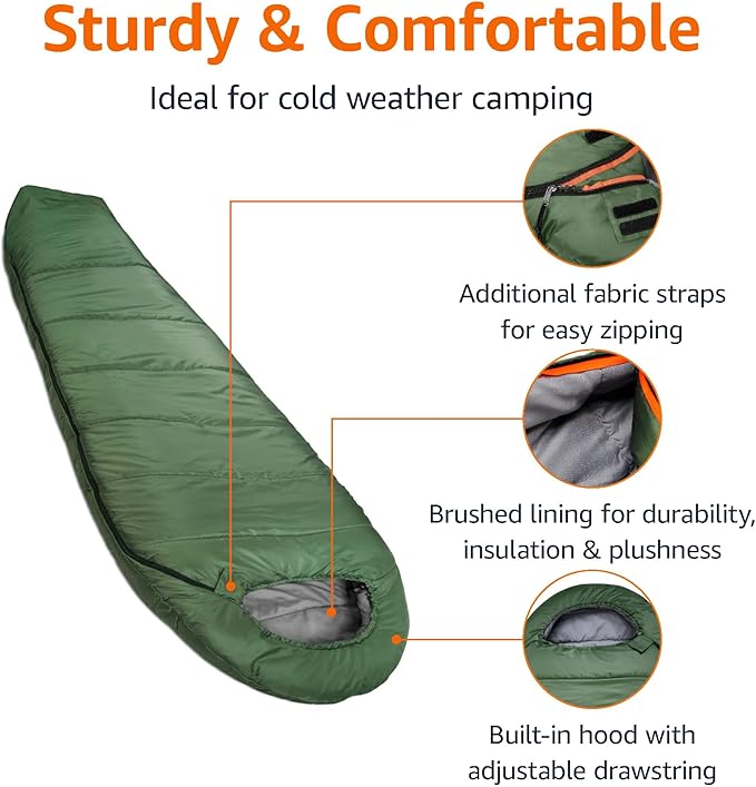 Amazon Basics 20°F Cold Weather Mummy Sleeping Bag, 82 Inches x 33 Inches, Olive Green