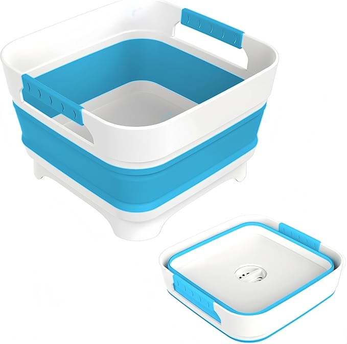 2.4 Gal Collapsbile Wash Basin with Drian Plug,9L Dish Pan for Soaking Baby Bottles,Portable Sink, Multiuse Foldable Bucket,Ice Beverage Tubs for Camping, Vegetable Washing, RV (Blue)