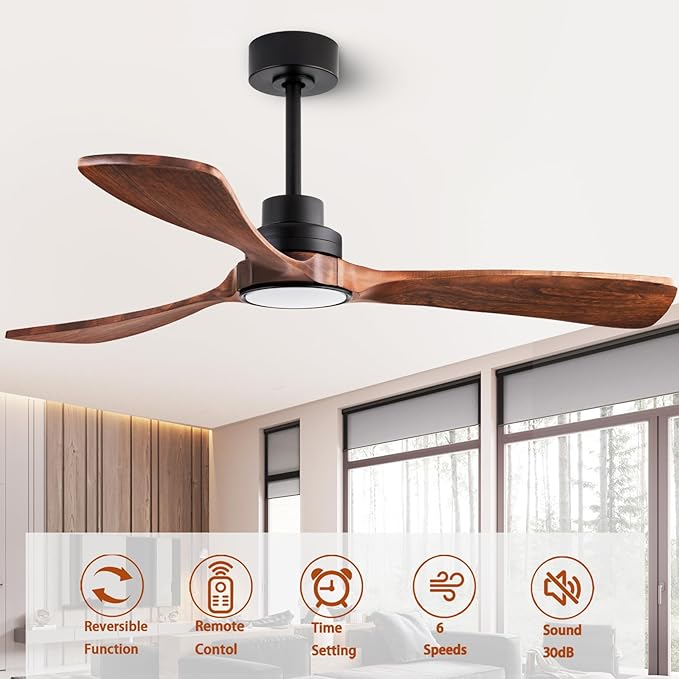 52” Ceiling Fans with Remote Control/Dimmer and Color Reduction with 3 Solid Wood Fan Blades, Ceiling Fan can be Used Indoors and Outdoors for Living Room, Dining Room, Pavilion Yard.
