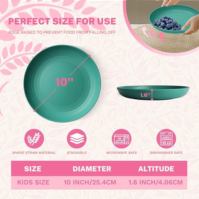 Homienly Wheat Straw Dinner Plates Set of 8, Unbreakable Salad Plates, 10 Inch Lightweight Roud Plates for Kitchen, Camping, Picnic, Microwave and Dishwasher Safe Plate with Non-Slip Pattern(Green)