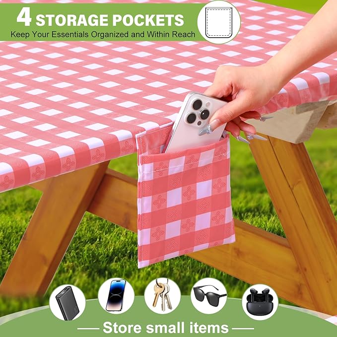 Fitted Picnic Table Cover with Bench Covers Waterproof Elastic Edges Rectangle Patio Tablecloth Outdoor Camping Essentials Stuff Rv Accessories Summer Trip Travel Supplies Party Camper Gifts, 8 ft