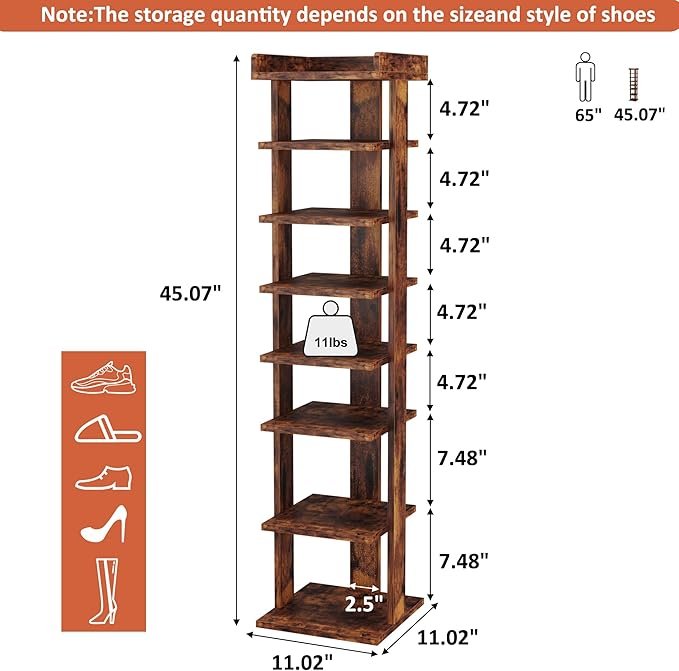 HOMEFORT 7-Tier Wood Shoe Rack, Entryway Shoe Tower,Vertical Shoe Organizer, Wooden Shoe Storage Stand, Rustic Brown