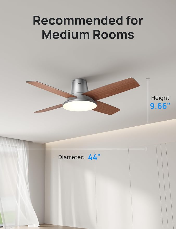 Dreo Ceiling Fans with Lights, 12 Speeds & 3 Fan Modes, Quiet DC Motor, Low Profile Easy to Install, Flush Mount Smart Ceiling Fan with Dimmable LED, 12H Timer for Bedroom, Remote, Silver, 44''