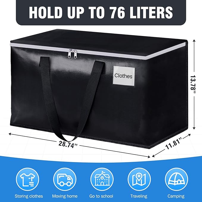BlissTotes Moving Bags, Heavy Duty Moving Boxes with Zippers Top and Sturdy Handles, Storage Bags for Space Saving and Packing, Collapsible Moving Supplies, Storage Totes (76L, 8-Pack, Black)