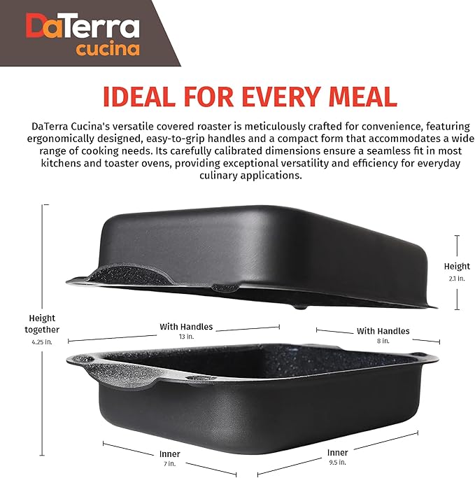 DaTerra Cucina - 13 x 8 x 4.25 Nonstick Ceramic Coated Dual Roasting Pan Set – 2 Identical Pans, Oven Safe, Ideal for Roasting, Baking, Searing, Braising, Casseroles, Fits Most Toaster Ovens