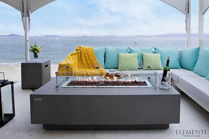 Elementi | Bundle Granville Gas Fire Pit Cast Concrete 60" Rectangular Fire Table, Outdoor Fire Pit Electronic Ignition | Canvas Cover, Lava Rock Included | Light Gray (Propane Gas)