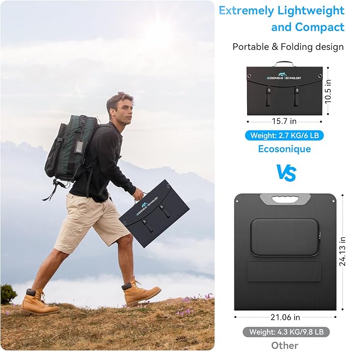 Extreme Lightweight and Compact Foldable Ecosonique 100W Portable Solar Panels Charger for Camping Power Station, Solar Generators, Cell Phones with USB QC3.0, Type-C PD3.0, Anderson and XT60 DC 20V