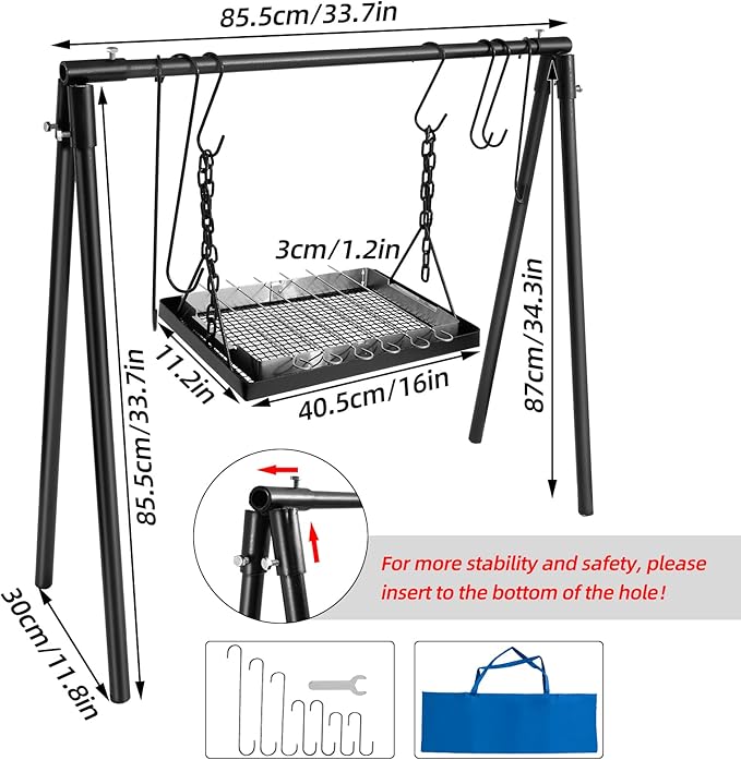 Campfire Swing Cooking Grill Stand, Collapsible Campfire Cooking Rack with Adjustable Iron Grill Grate and Hooks for Outdoor BBQ Picnic Cookware Party Dutch Oven