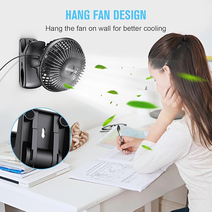 BESKAR Small Clip on Fan, 3 Speeds USB Fans with Strong Airflow, Clip & Desk Fans USB Plug in with Sturdy Clamp - Ultra Quiet operation for Office Dorm Bedroom Stroller