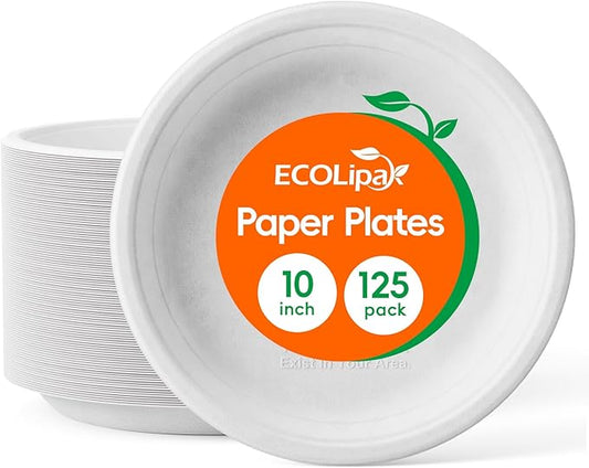 ECOLipak 125 Pack Paper Plates 10 inch 100% Compostable, Heavy-Duty Dinner Plates Disposable Bagasse Deep Dish Natural Biodegradable Eco-Friendly Sugarcane (White)
