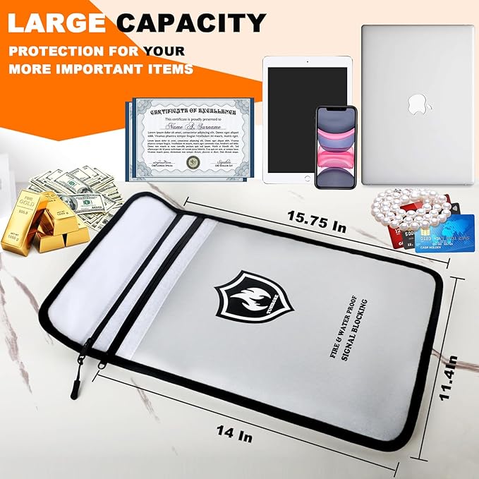 6200°F Upgraded Fireproof Document Bag, 15.7 x 11.4 Faraday Bag, Fireproof Money Bag with Zipper/Reflective Strip, 18 Layers of Heat Insulated Materials, RFID Blocking Bag Protects Devices