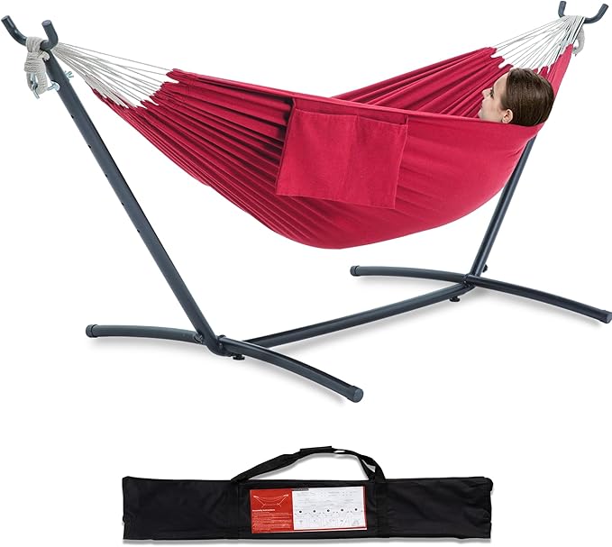 PNAEUT Double Hammocks with Stand for Outside, Portable Space Saving Heavy-Duty Steel Stand for Indoor Outdoor Patio with Carrying Bag, 450 lbs Capacity (Cherry)