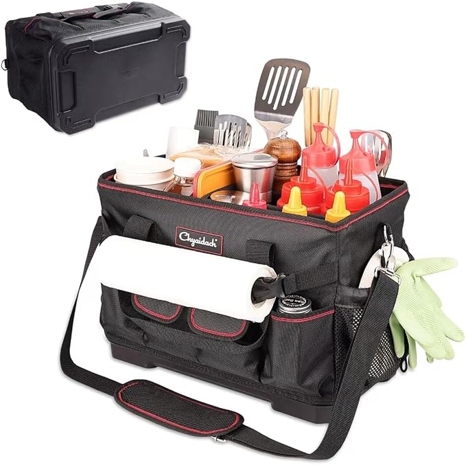 Large Grill Caddy with Hard Bottom, Portable Foldable Griddle Organizer for Blackstone Accessories, Tailgate Essentials, Perfect for Outdoor Grilling, RV, Camping & Grill Gifts for Men