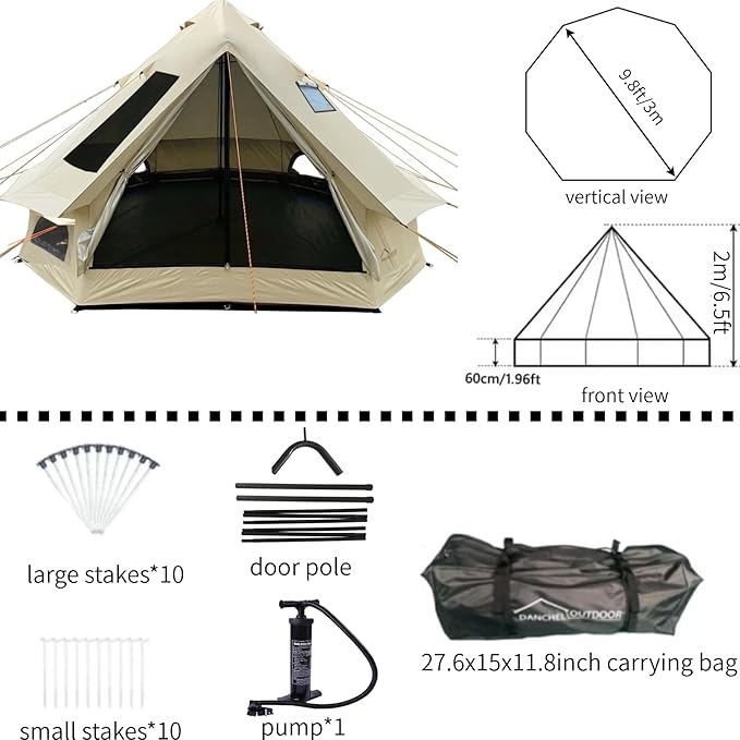 DANCHEL OUTDOOR B2I Inflatable Camping Tent 9.8ft, No Center Pole Lightweight Blow Up Bell Tent with Stove Jack, Skylight, Pump, Waterproof 300D Oxford Glamping Yurt for 1-3 Person Family