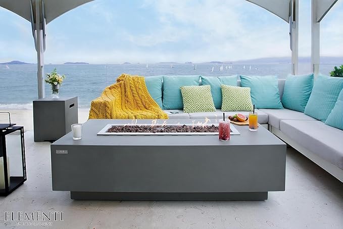 Elementi | Bundle Granville Gas Fire Pit Cast Concrete 60" Rectangular Fire Table, Outdoor Fire Pit Electronic Ignition | Canvas Cover, Lava Rock Included | Light Gray (Propane Gas)