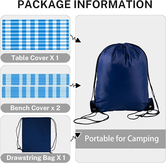 CAPSCEOLL Fitted Picnic Table Cover with Bench Covers with Elastic 8Ft Waterproof Camping Picnic Table Cover Cloths for Outdoors Camping Tablecloth with Drawstring Bag, 96X30in, Blue Checkered
