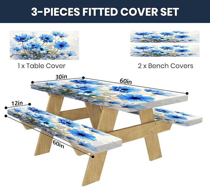 CAPSCEOLL Elastic Picnic Table Cover with Bench Covers 5Ft Waterproof Fitted Picnic Table Cover Cloths for Outdoors Camping Tablecloth with Drawstring Bag, 60X30in, Blue Flowers