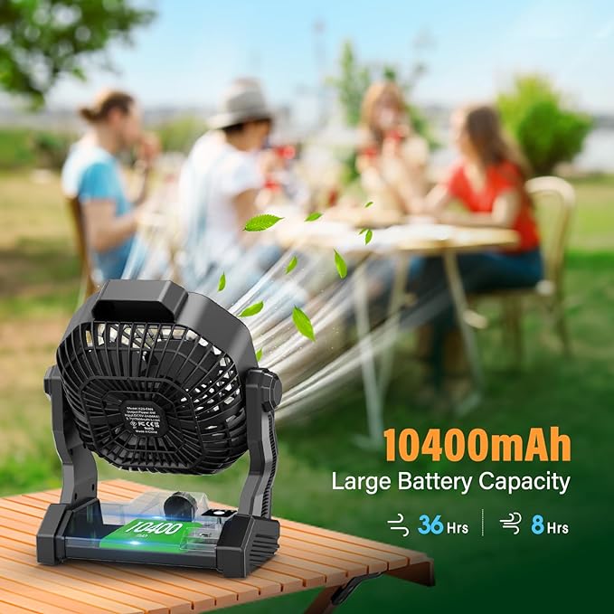 10400mAh Solar Fan with LED Lantern, Camping Fan with Solar Panel, 7W Rechargeable Solar Powered for Outside, Quiet Battery Operated Tent for Picnic, Barbecue, Fishing, Travel