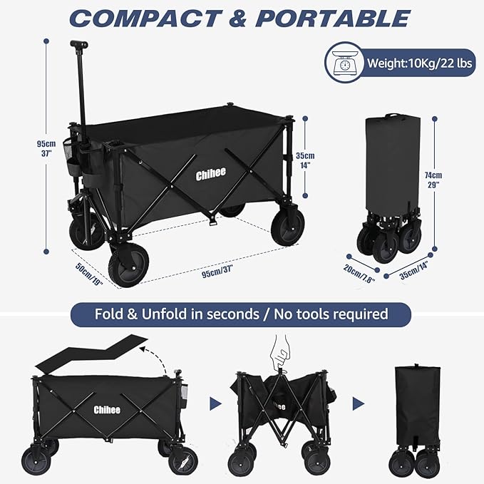 Chihee Folding Wagon Cart Garden Cart Heavy-Duty with 2 Cup Holders,Camp Cart for Gimballed Wheels with Braking System Large Capacity Removable Fabric,for Sporting Events,Camping,Beach Trips