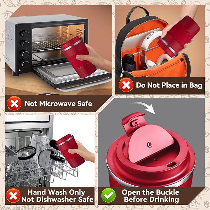 12OZ Travel Coffee Mug Insulated Coffee Cup with Spill Leak Proof Lid, Portable Stainless Steel Tumbler Reusable Hot and Cold Water Mug for Car, Daily, Camping- Red