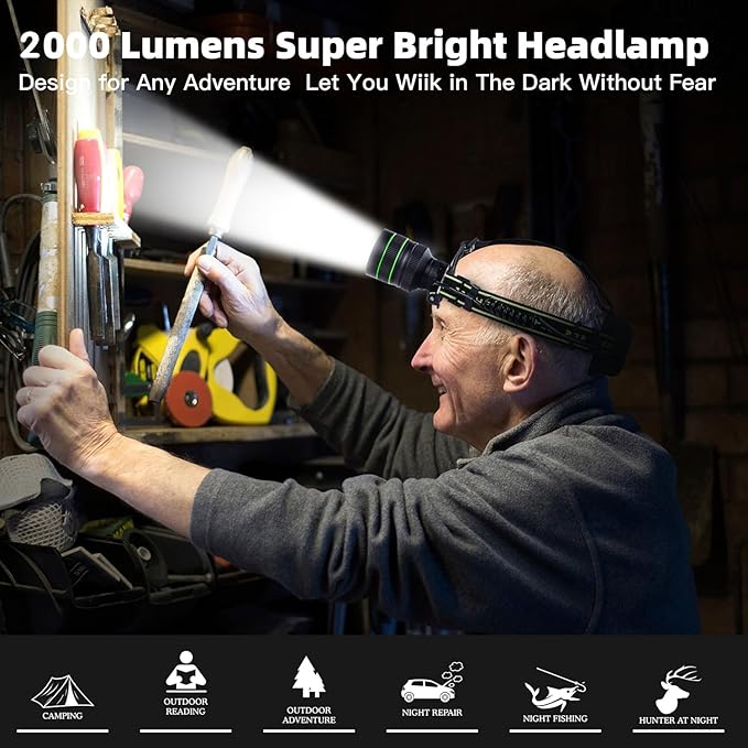 2000LM Super Bright LED Rechargeable Headlamp, Zoomable Head lamp with 5 Lighting Modes, 90° Adjustable & IP67 Waterproof for Camping | Hiking | Climbing | Fishing | Hunting | Auto Repair