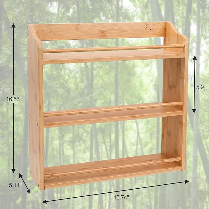 Bamboo Spice Rack Organizer, 3 Tier Spice Jars Shelf for Kitchen Countertop or Wall Mounting