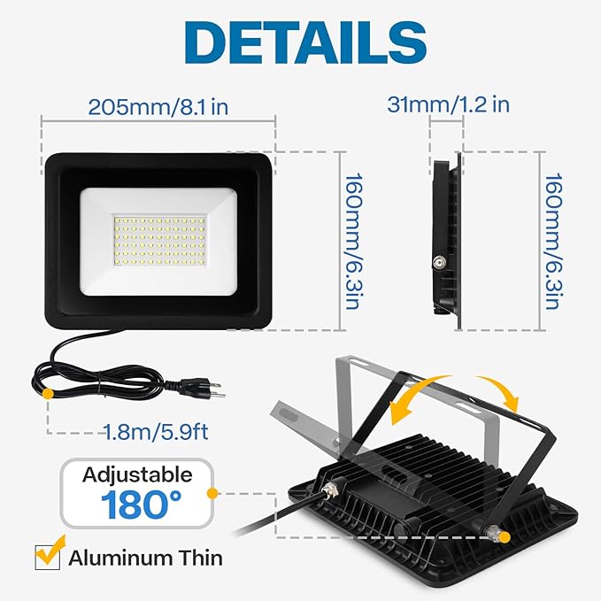 1 Pack 50W Super Bright Flood Light Outdoor, 5000LM LED Work Light with 5.9FT Plug, IP65 Waterproof 6000K Daylight White Outside LED Flood Light with 180Adjustable Bracket for Garage, Yard