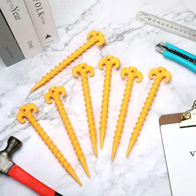 AUGSUN 16 Pack Plastic Tent Stakes Heavy Duty, Yellow Sand Stakes for Beach 7.5 Inch Screw in Tent Stakes Spiral Ground Anchors Tent Pegs Canopy Stakes for Inflatables Outdoor Camping Hiking Garden