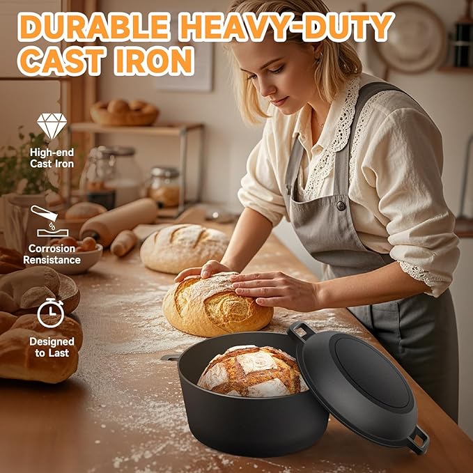 Cast Iron Dutch Oven Bread Baking Kit - 10-Piece Set with Banneton Basket, Dough Scraper, pizza shovel，Bread Lame, Whisk, Brush, and Silicone Grips with Skillet Lid Cooking Pan Handles Lame, 5QT