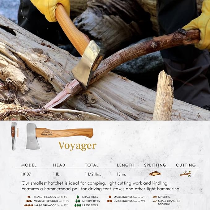 1844 Helko Werk Germany Classic Voyager Hatchet - Camp Hatchet for Scouting, Camping, and Backpacking, Small Camping Axe with Hammer Head poll - Head 1 lb, Handle 13 in. (Voyager) #10107