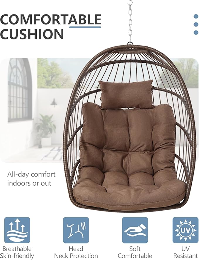 SWITTE Egg Chair Outdoor with Stand, Indoor Wicker Hanging Egg Swing Chair with Cushion, 350lbs Capacity for Patio, Bedroom, Garden - Brown