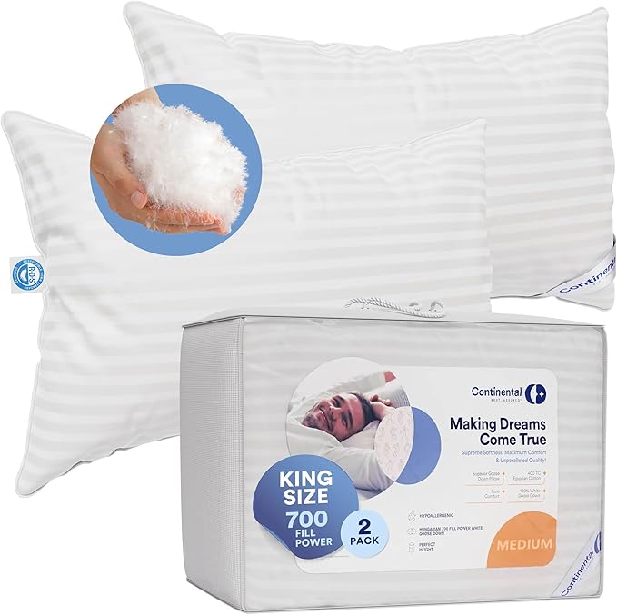 Continental Bedding | Serenity Goose Down Pillow | 700 Fill Power Hungarian White Down | 400TC Cotton Damask Shell | Made in USA | Medium, King (Pack of 2), 2 Count