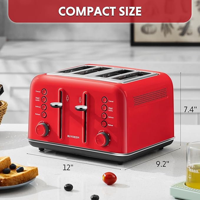 BUYDEEM DT640 4-Slice Toaster, Extra Wide Slots, Retro Stainless Steel with High Lift Lever, Bagel and Muffin Function, Removal Crumb Tray, 7-Shade Settings,Red