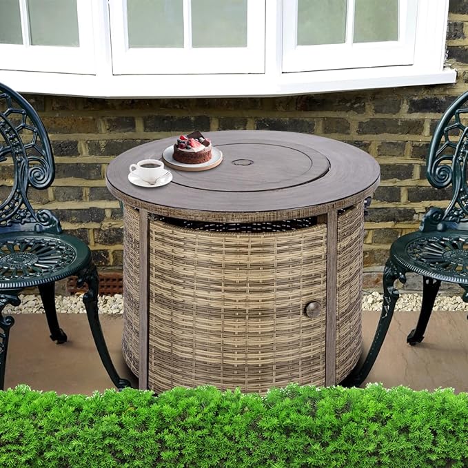 32 inch Propane Fire Pit Table,Wicker Gas Fire Pits Table with Lid & Lava Rocks, 50000 BTU Round Propane Firepit for Outside, Fire Table for Dining,Party, Patio,Yard